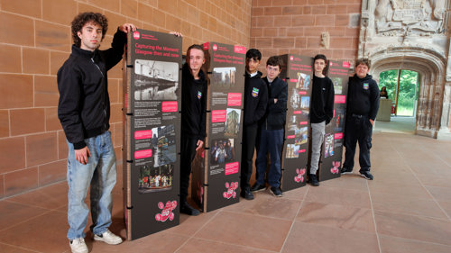 Pupils from Shawlands Academy with the Eric Watt pop ups.