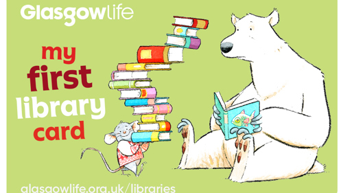 Illustration of a mouse holding a stack of books next to a polar bear reading a book with a fish on the cover. Text My first library card