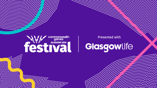 A purple promotional graphic showing the Commonwealth Games Glasgow 2026 Festival logo on the left and the text ‘Presented with Glasgow Life’ on the right. The background features white geometric line patterns radiating outward, along with curved accents in turquoise, pink, and yellow.