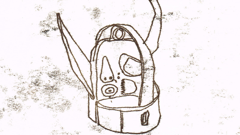 black ink monoprint line drawing of a punishment mask, drawn from the viewpoint where you can see the breathing holes in the nose and mouth, but also the jagged grips designed to hold the mask in place.