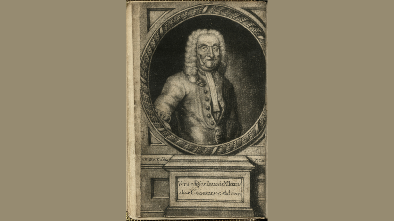 A Book Page with a portrait of an elder gentleman wearing a long curly wig