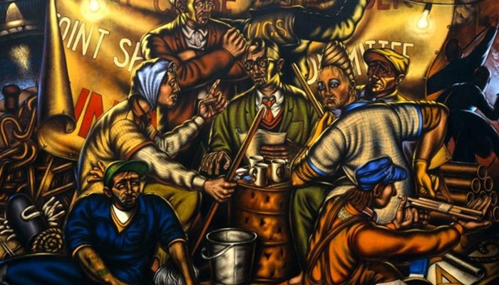 A close up of the Ken Currie paintings which was made for the People's Palace.