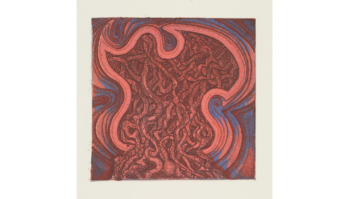 square abstract print in red and peach colours using smooth curved lines