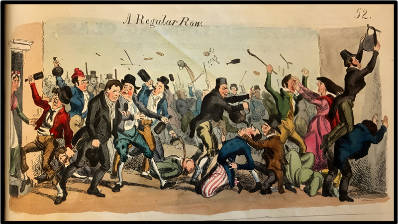 A humourous coloured cartoon from 1825 depicting a riot. There are several people in the scene, engaged in shouting, throwing things, punching each other and drinking. 