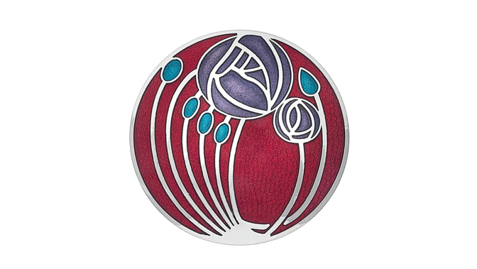 Circular decorative brooch, with a Charles Rennie Mackintosh design. Featuring purple flowers and blue buds on a red background.