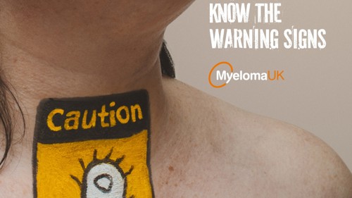 A close up of a person's throat with a yellow and black warning sign drawn on it that reads Caution may lead to recurring infections