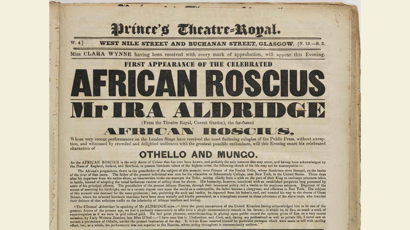 Playbill for Prince’s Theatre Royal, Glasgow.  4 December 1849. The first line reads: First appearance of the celebrayed African Roscius Mr Ira Aldridge. Enacting his celebrated characters Othello and Mungo
