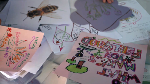 Spread across a table are drawing and letters created by local community groups they are brightly coloured and who images of nature. 