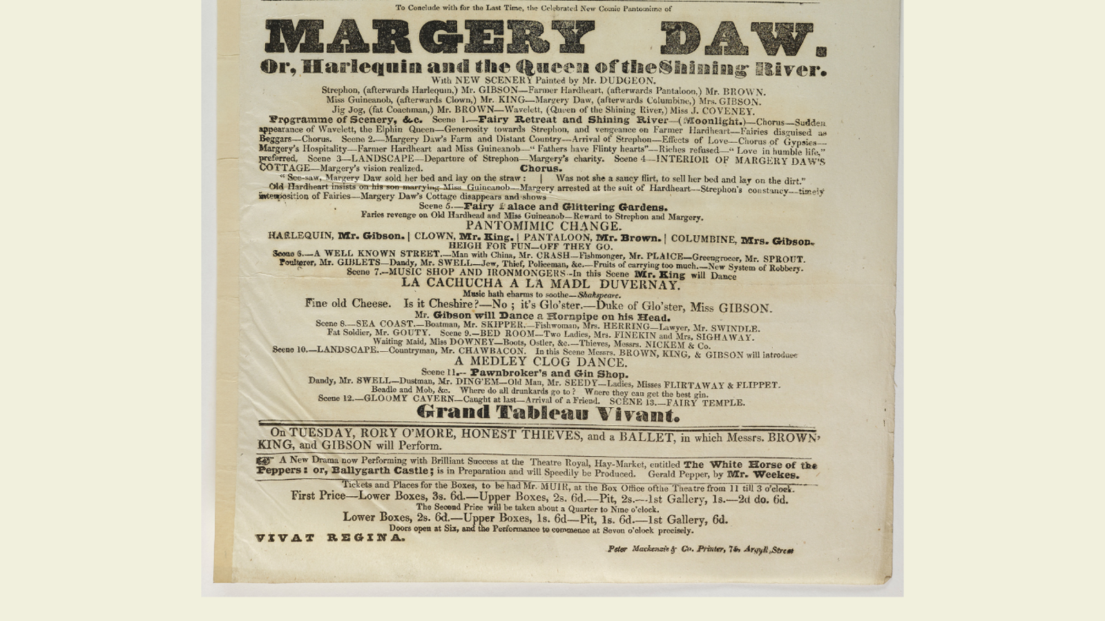 Playbill for Theatre Royal, Glasgow. 10 September 1838. Main headline reads: "Margery Daw or Harlequin and the Queen of the shining river".