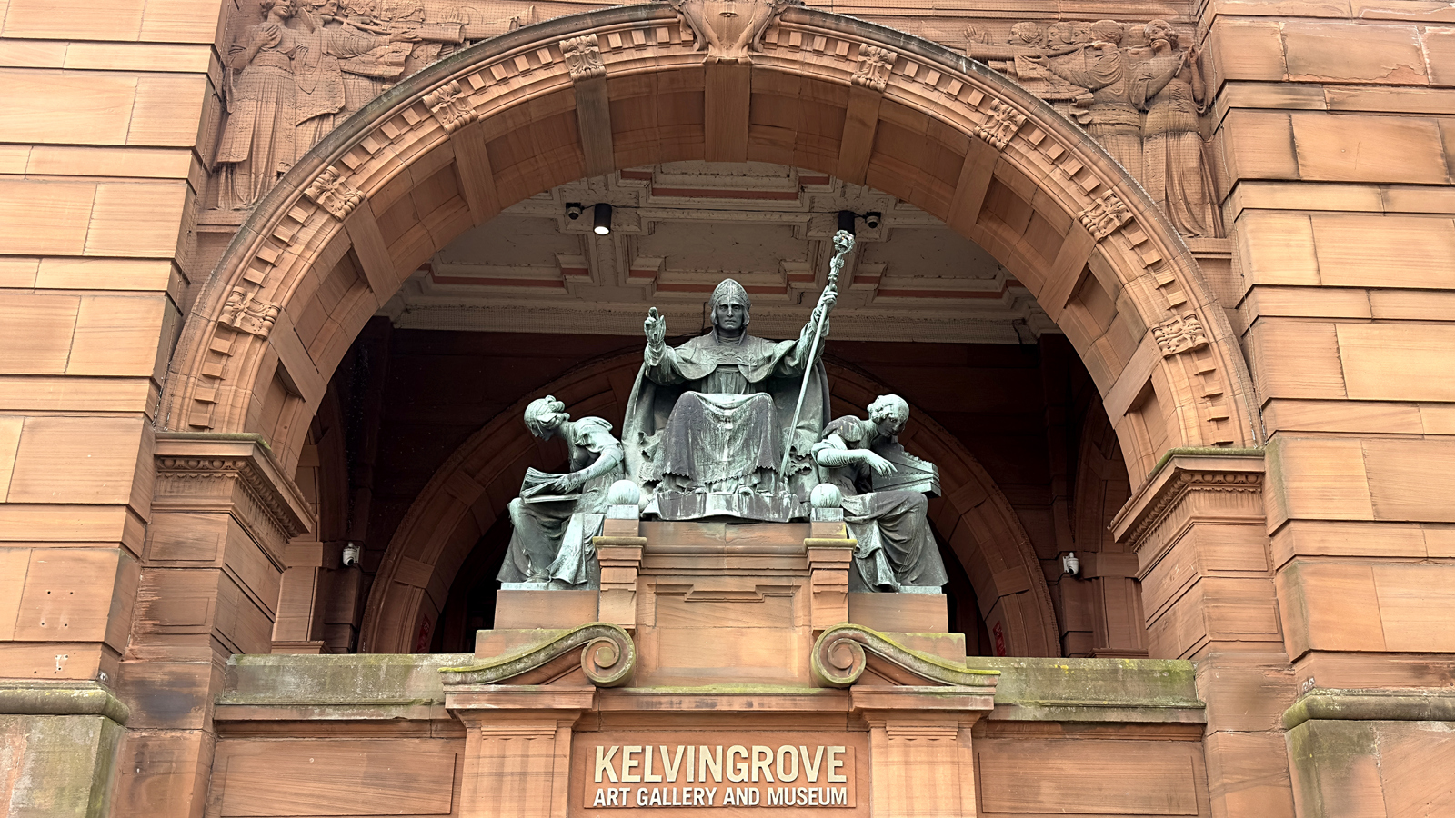 Photograph showing a bronze sculpture of St Mungo, by George Frampton