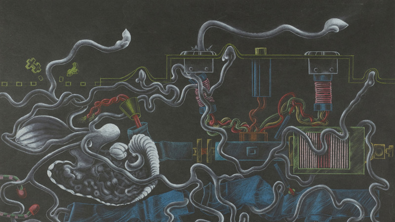 A detailed chalk-style illustration on a dark background showing a tangled, octopus-like mechanical creature intertwined with wires, tubes, springs, clamps, gears, and electrical components.