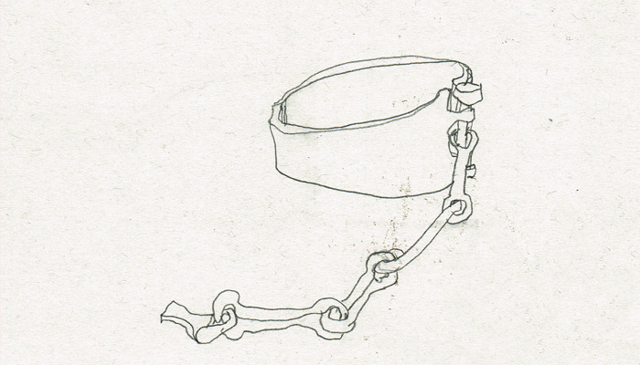 line drawing of some jougs - a hinged iron collar chained to a wall or post, used in medieval Scotland as an instrument of punishment. The collar and part of the chain are drawn.