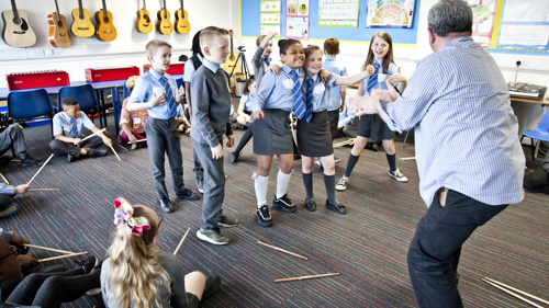 John Binnie leads an creative workshop with school pupils. The school pupils are dancing and jumping whilst John dramatises.. 