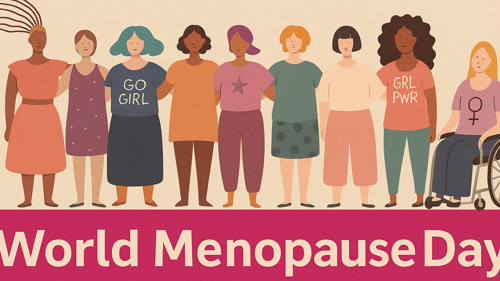 Illustration or various people standing in a line with their arms linked with text World Menopause Day